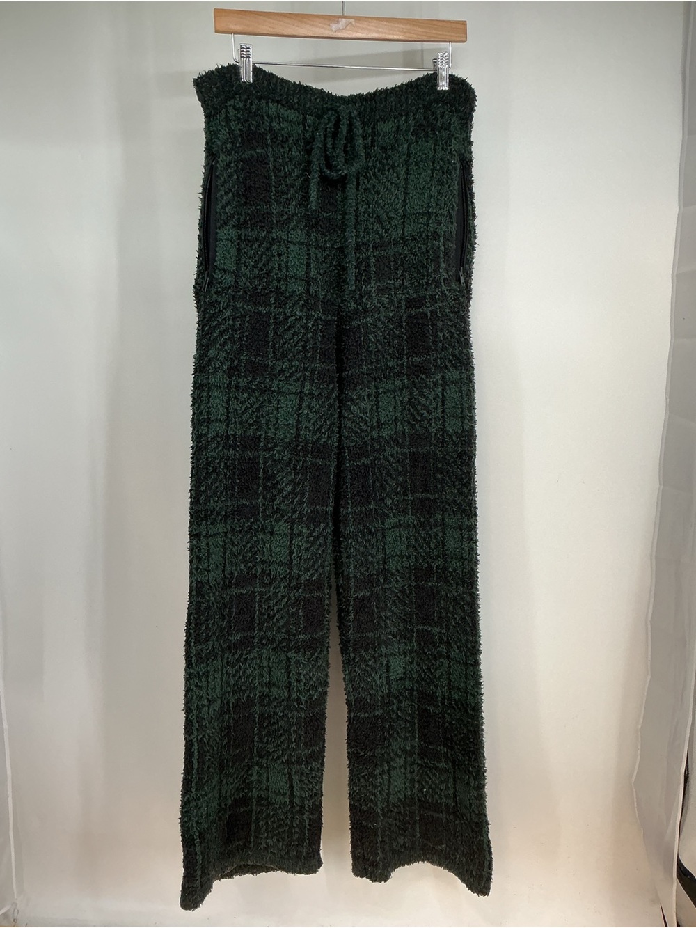 SKIMS Dark Green Plaid Fuzzy Wide-Leg Lounge Pants Size XL